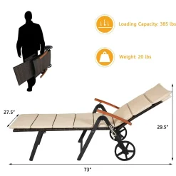 Tangkula Foldable Outdoor Chaise Lounger, Wicker Lounger Chair with Aluminum Black Frame, Wheels for Easy Moving