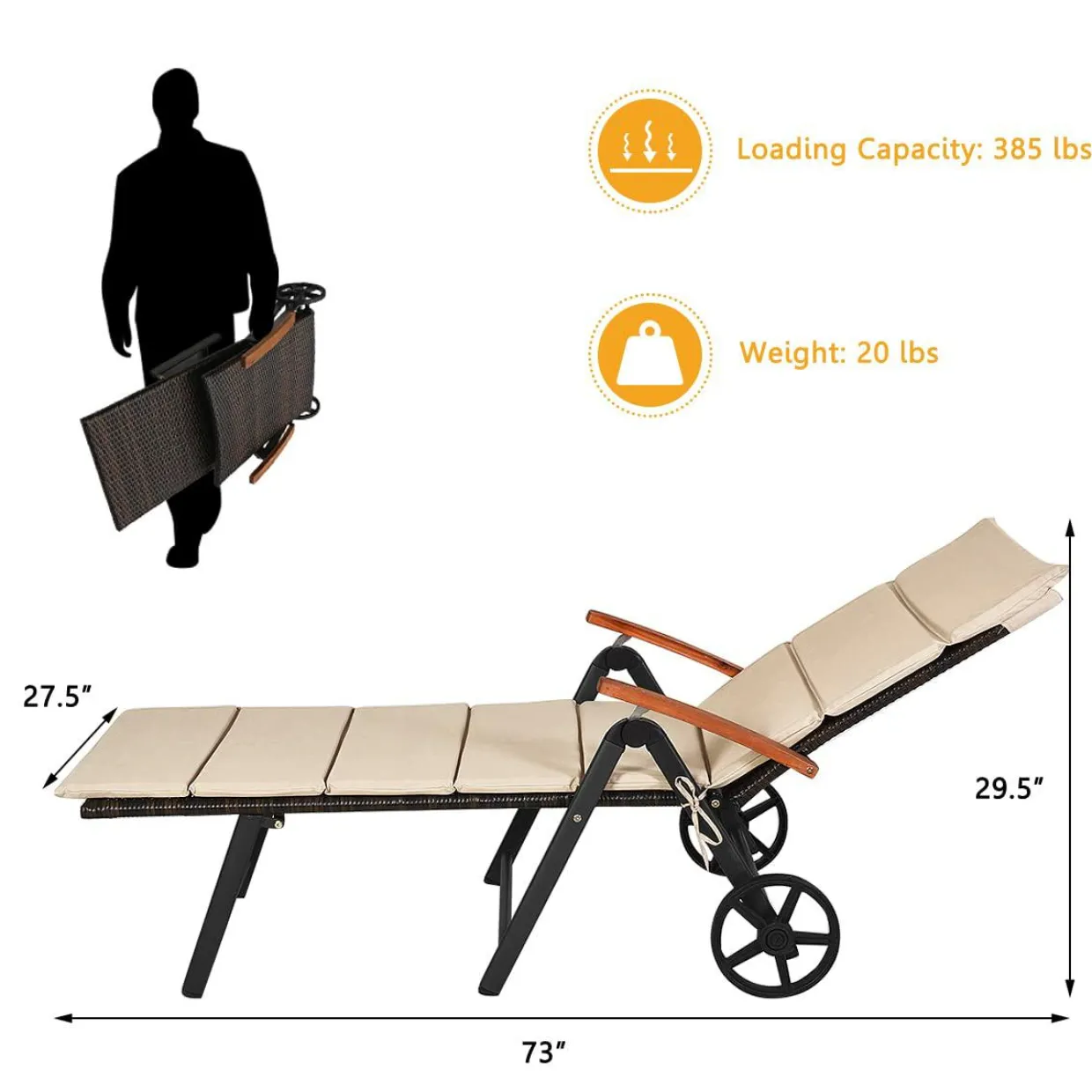 Tangkula Foldable Outdoor Chaise Lounger, Wicker Lounger Chair with Aluminum Black Frame, Wheels for Easy Moving