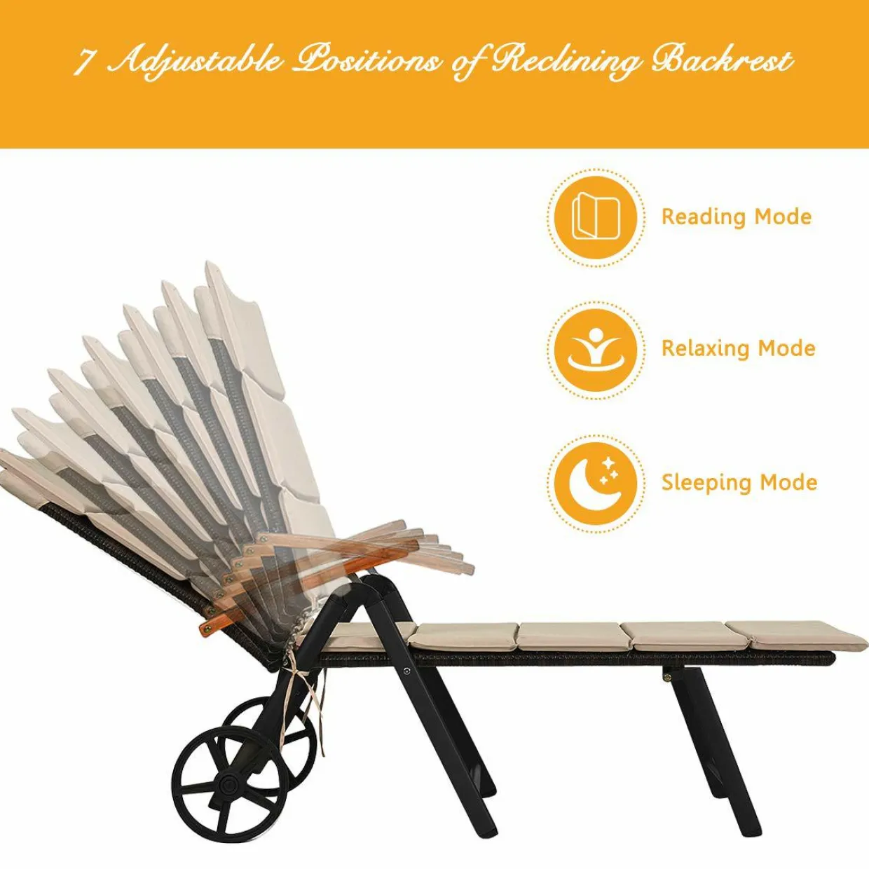 Tangkula Foldable Outdoor Chaise Lounger, Wicker Lounger Chair with Aluminum Black Frame, Wheels for Easy Moving