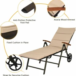 Tangkula Foldable Outdoor Chaise, Wicker Lounger Chair with Aluminum Frame, with Wheels for Easy Moving