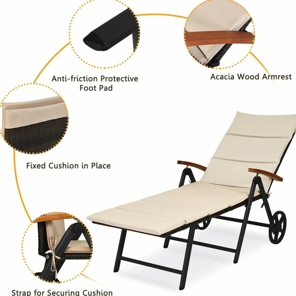 Tangkula Foldable Outdoor Chaise Lounger, Wicker Lounger Chair with Aluminum Black Frame, Wheels for Easy Moving