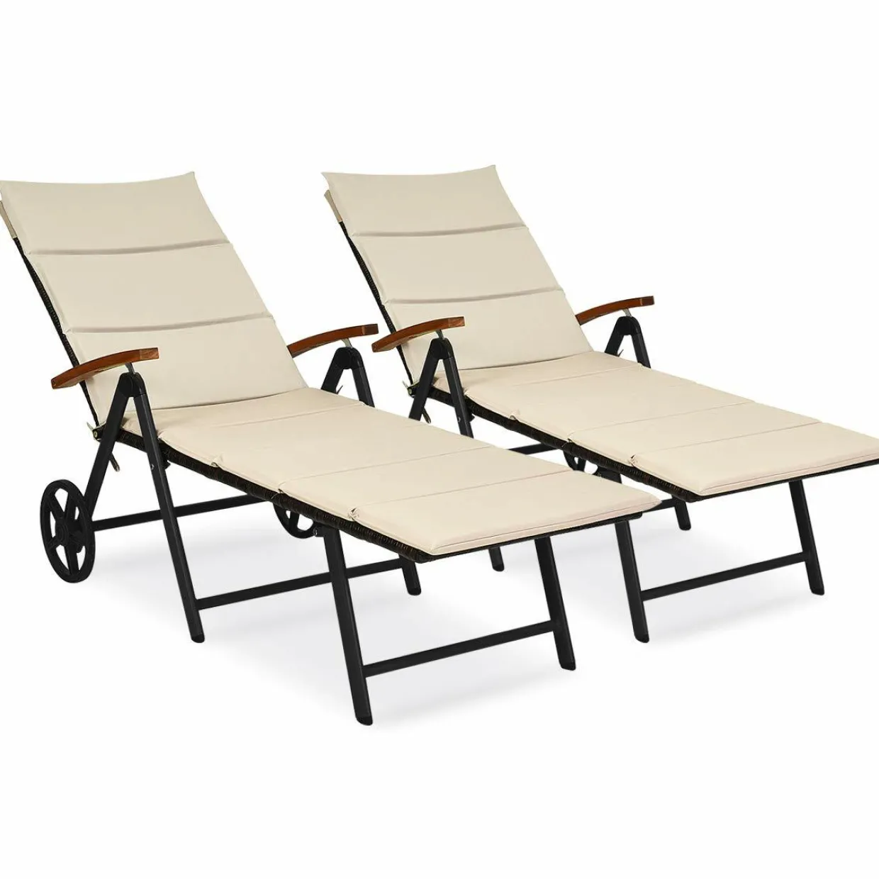 Tangkula Foldable Outdoor Chaise Lounger, Wicker Lounger Chair with Aluminum Black Frame, Wheels for Easy Moving