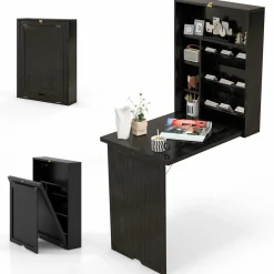 Tangkula Foldable Wall Mounted Desk, Floating Desk with Storage Shelves & Hooks