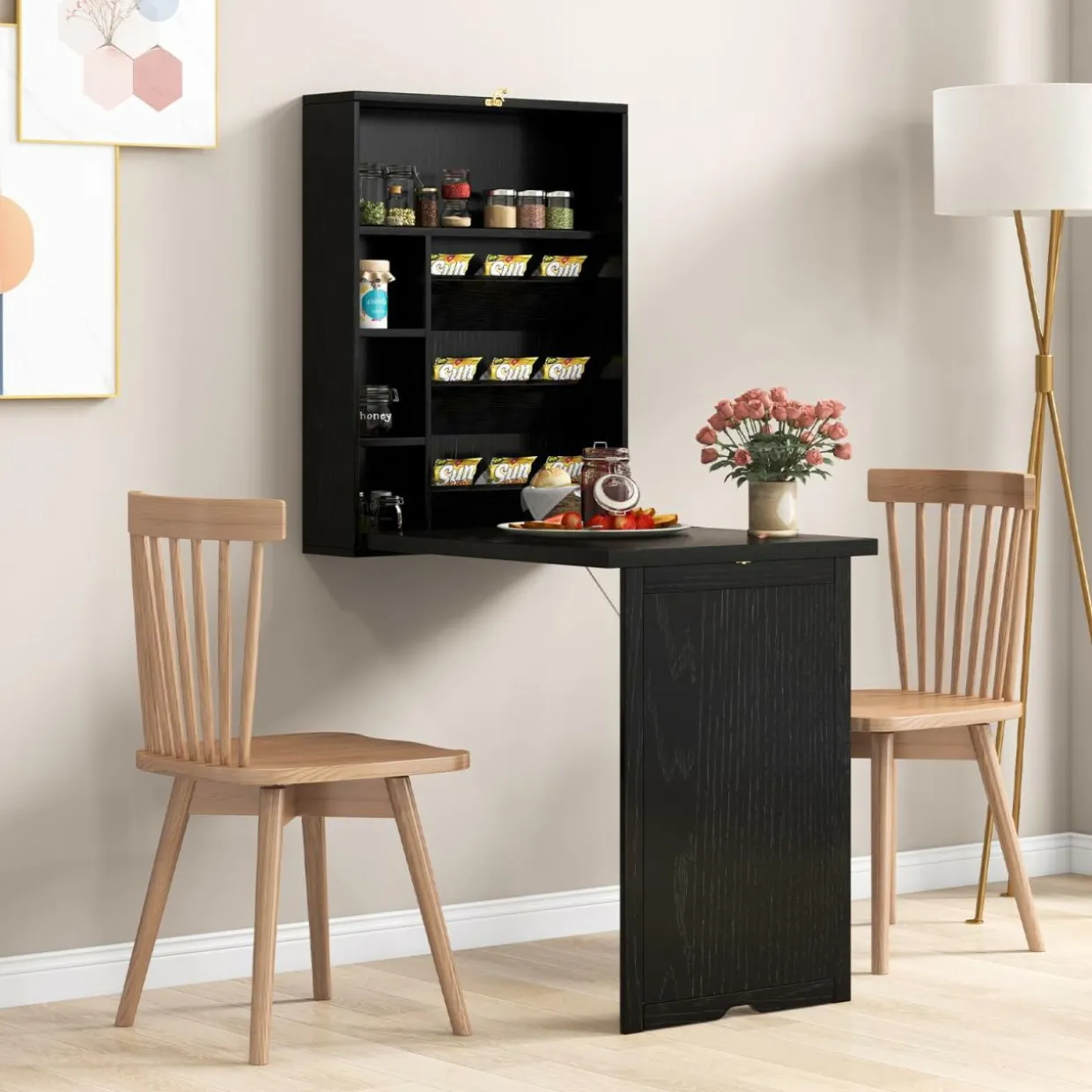 Tangkula Foldable Wall Mounted Desk, Floating Desk with Storage Shelves & Hooks