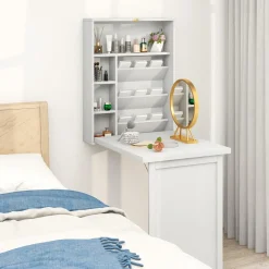 Tangkula Foldable Wall Mounted Desk, Floating Desk with Storage Shelves & Hooks
