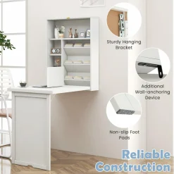 Tangkula Foldable Wall Mounted Desk, Floating Desk with Storage Shelves & Hooks