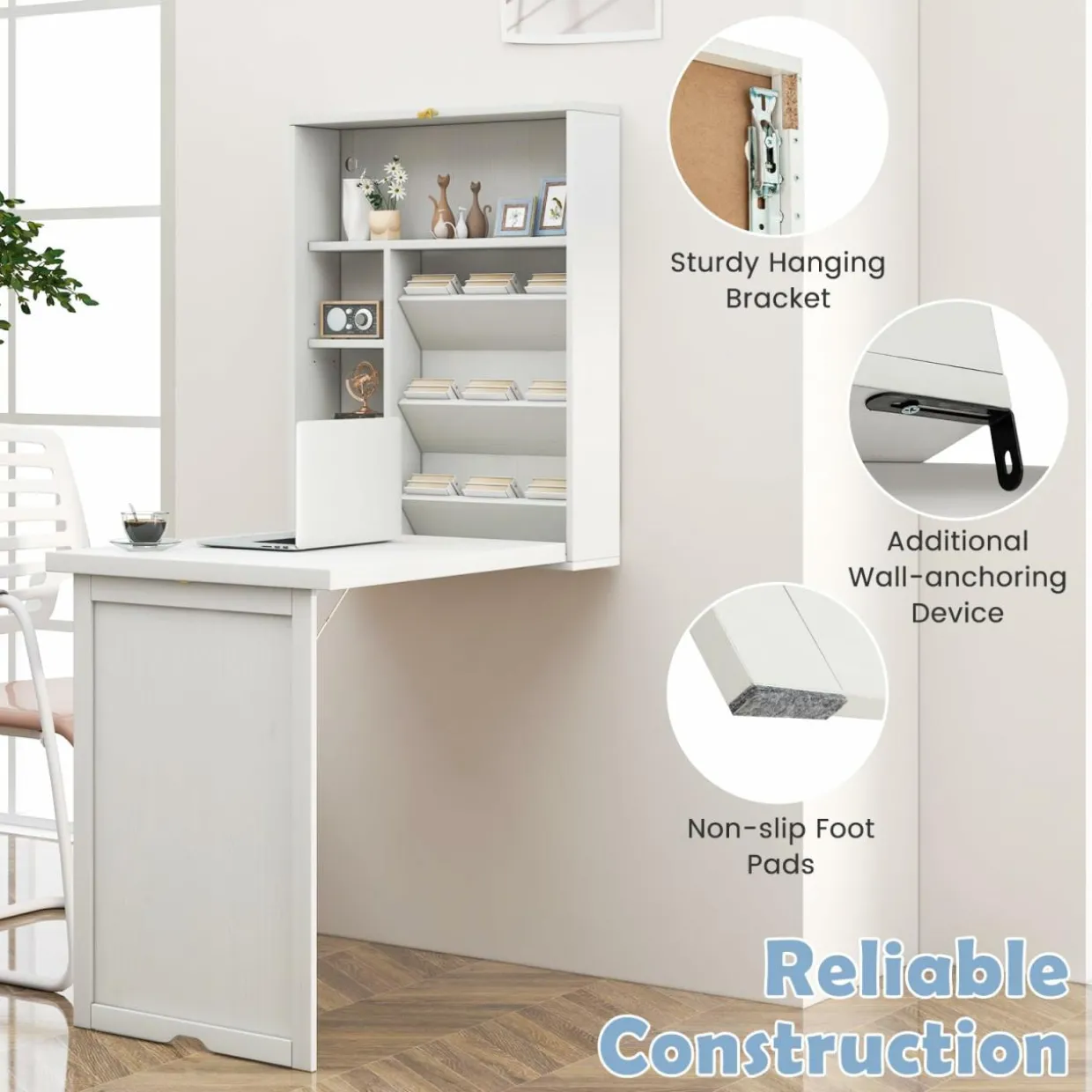 Tangkula Foldable Wall Mounted Desk, Floating Desk with Storage Shelves & Hooks