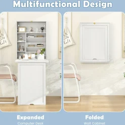 Tangkula Foldable Wall Mounted Desk, Floating Desk with Storage Shelves & Hooks