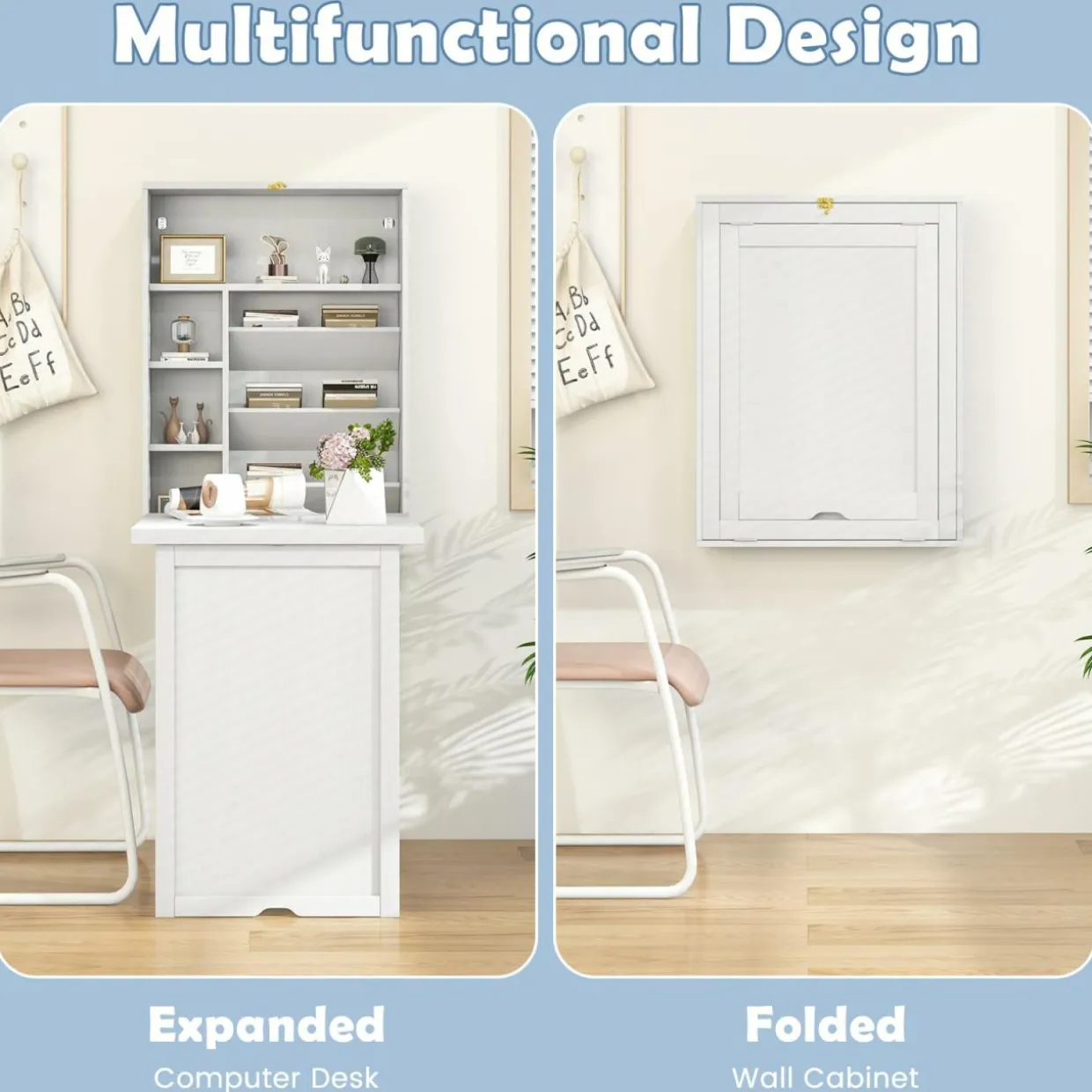 Tangkula Foldable Wall Mounted Desk, Floating Desk with Storage Shelves & Hooks
