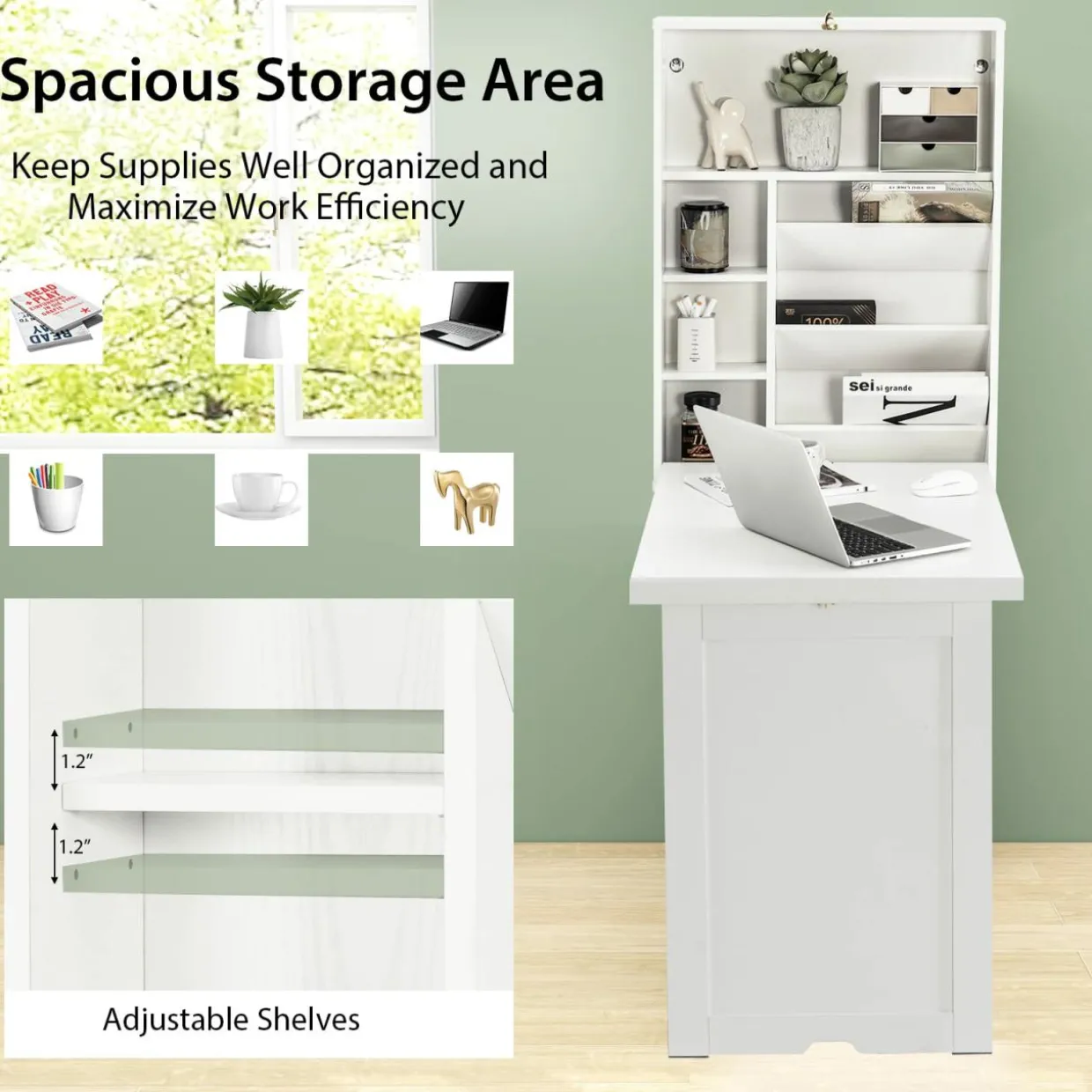 Tangkula Foldable Wall Mounted Desk, Floating Desk with Storage Shelves & Hooks