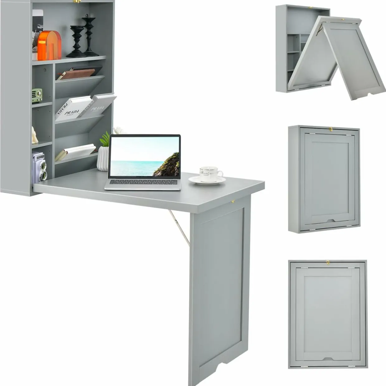 Tangkula Foldable Wall Mounted Desk, Floating Desk with Storage Shelves & Hooks