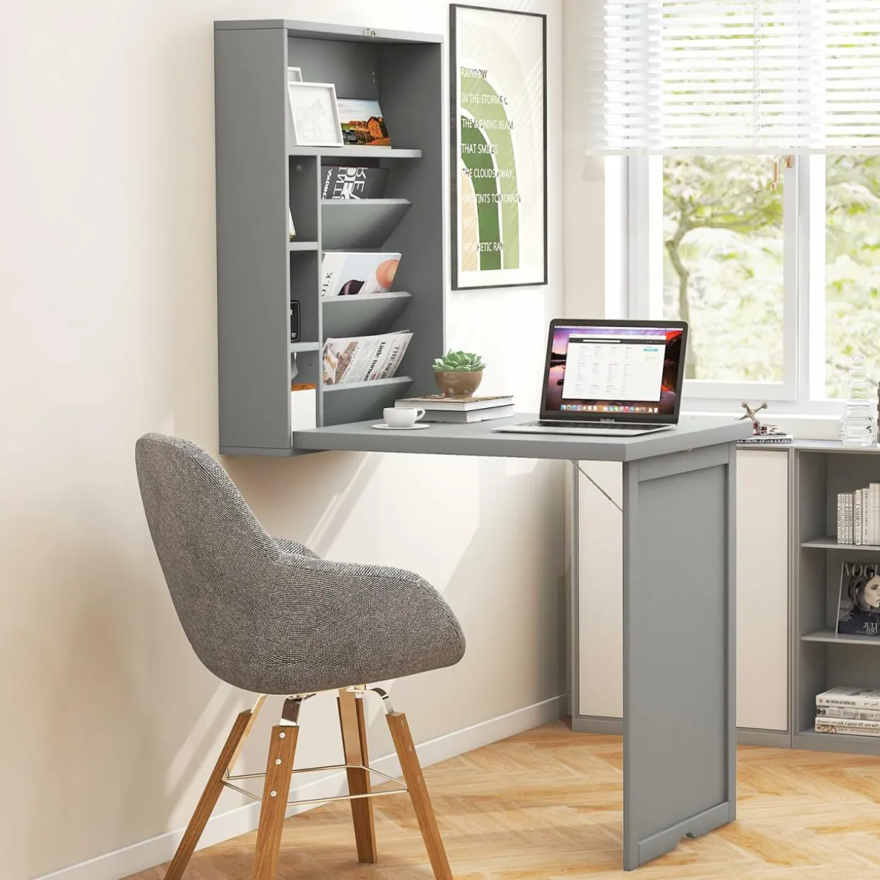Tangkula Foldable Wall Mounted Desk, Floating Desk with Storage Shelves & Hooks