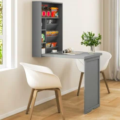 Tangkula Foldable Wall Mounted Desk, Floating Desk with Storage Shelves & Hooks