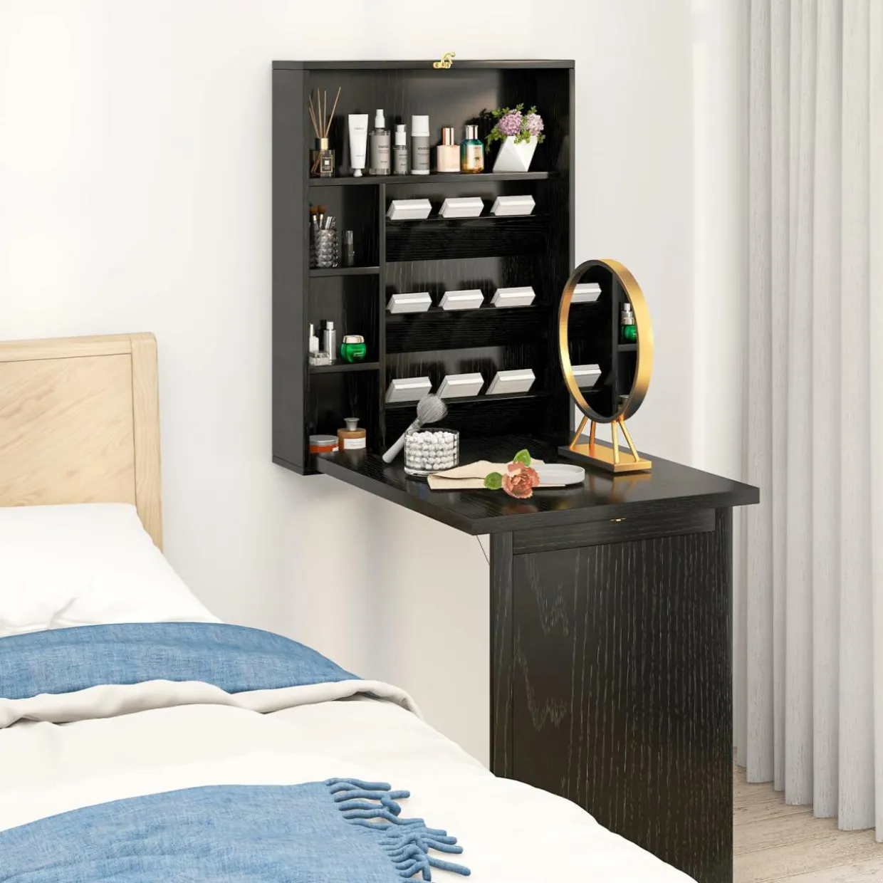 Tangkula Foldable Wall Mounted Desk, Floating Desk with Storage Shelves & Hooks