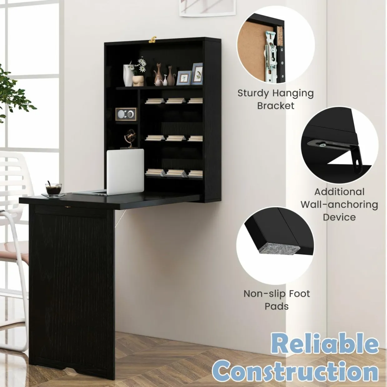 Tangkula Foldable Wall Mounted Desk, Floating Desk with Storage Shelves & Hooks