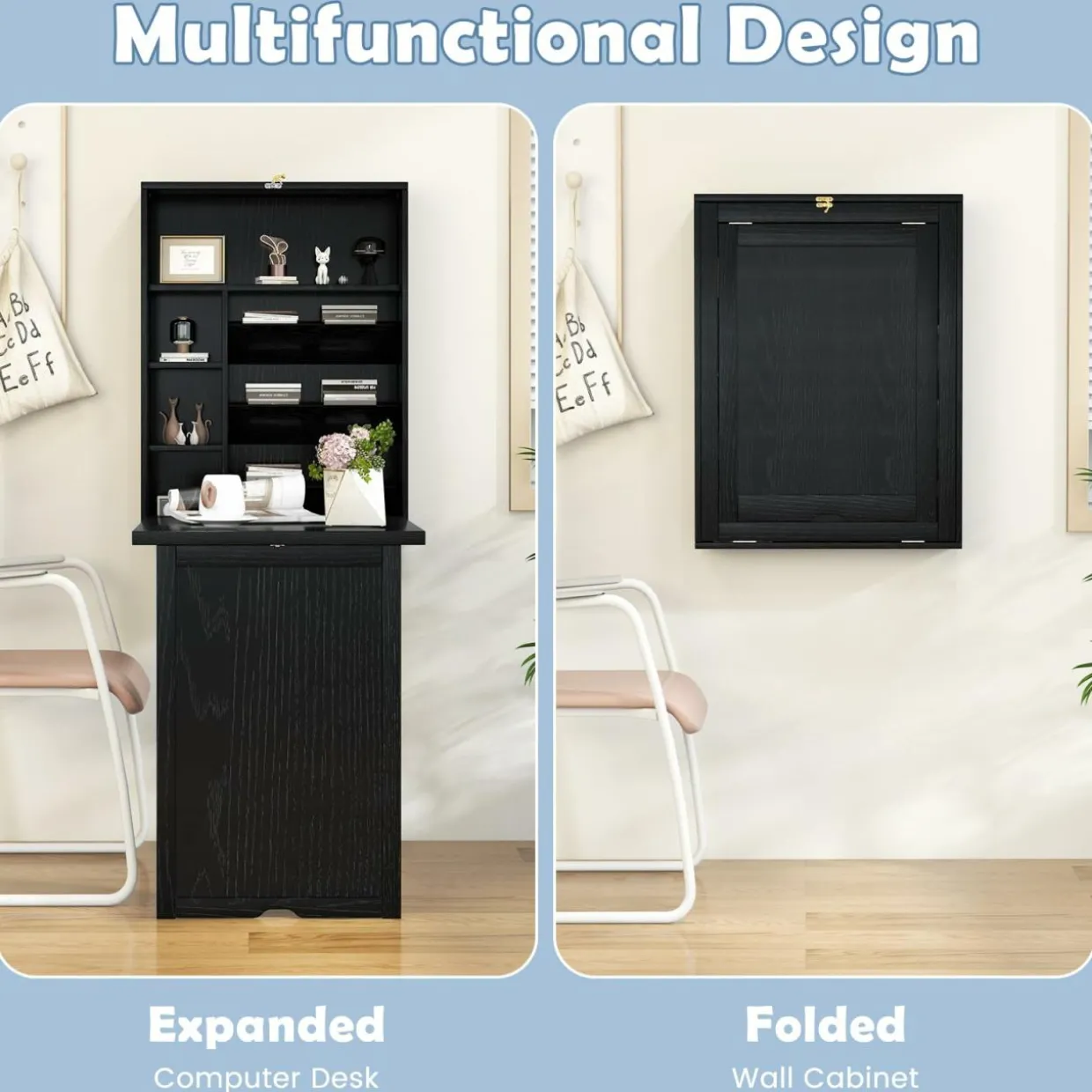 Tangkula Foldable Wall Mounted Desk, Floating Desk with Storage Shelves & Hooks