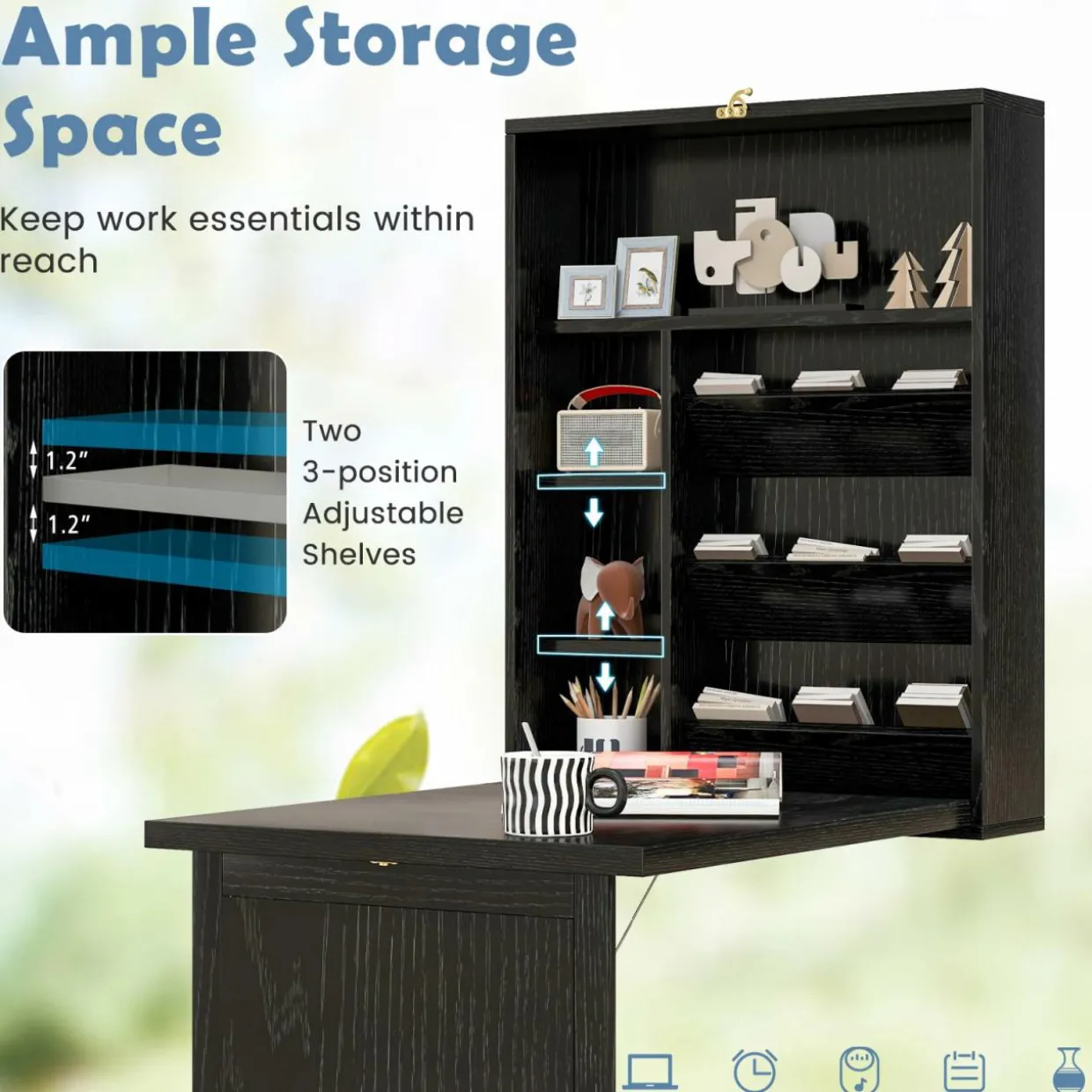 Tangkula Foldable Wall Mounted Desk, Floating Desk with Storage Shelves & Hooks