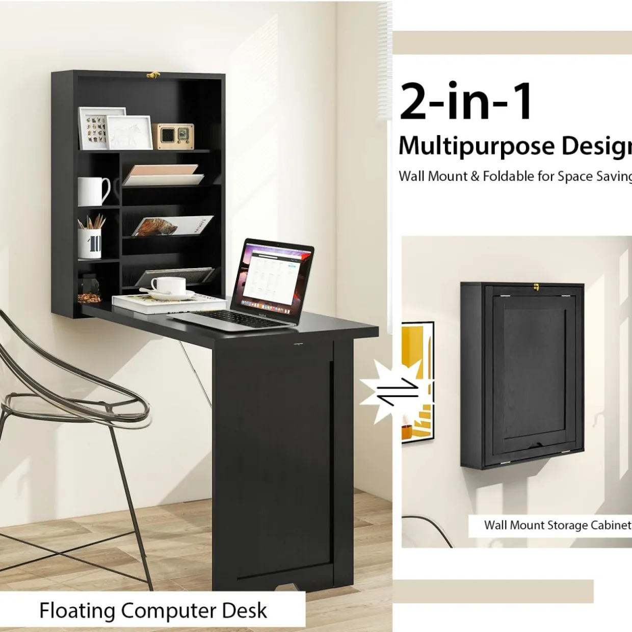Tangkula Foldable Wall Mounted Desk, Floating Desk with Storage Shelves & Hooks