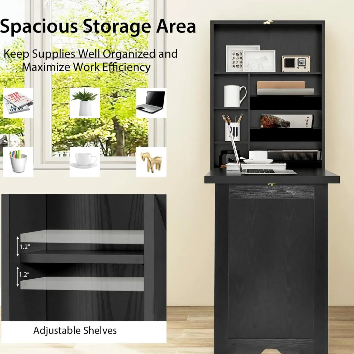 Tangkula Foldable Wall Mounted Desk, Floating Desk with Storage Shelves & Hooks