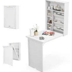 Tangkula Foldable Wall Mounted Desk, Floating Desk with Storage Shelves & Hooks