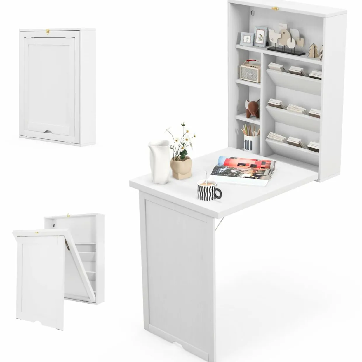 Tangkula Foldable Wall Mounted Desk, Floating Desk with Storage Shelves & Hooks