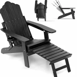 Tangkula Folding Adirondack Chair, All-Weather HIPS Lounge Chair w/Retractable Footrest & Adjustable Backrest