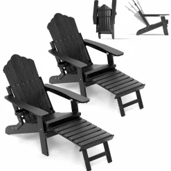 Tangkula Folding Adirondack Chair, All-Weather HIPS Lounge Chair w/Retractable Footrest & Adjustable Backrest