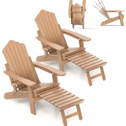 Tangkula Folding Adirondack Chair, All-Weather HIPS Lounge Chair w/Retractable Footrest & Adjustable Backrest