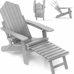 Tangkula Folding Adirondack Chair, All-Weather HIPS Lounge Chair w/Retractable Footrest & Adjustable Backrest