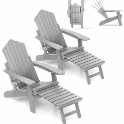 Tangkula Folding Adirondack Chair, All-Weather HIPS Lounge Chair w/Retractable Footrest & Adjustable Backrest
