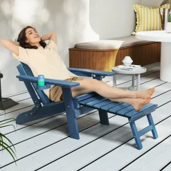 Tangkula Folding Adirondack Chair, All-Weather HIPS Lounge Chair w/Retractable Footrest & Adjustable Backrest