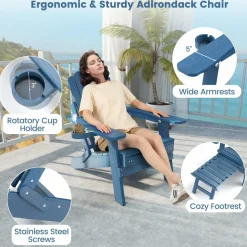 Tangkula Folding Adirondack Chair, All-Weather HIPS Lounge Chair w/Retractable Footrest & Adjustable Backrest