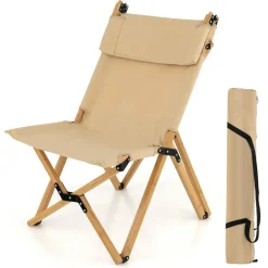 Tangkula Folding Camping Chair, High Back Portable Bamboo Camp Chair with 2-Level Adjustable Backrest
