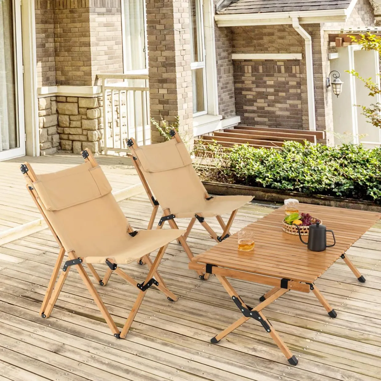 Tangkula Folding Camping Chair, High Back Portable Bamboo Camp Chair with 2-Level Adjustable Backrest