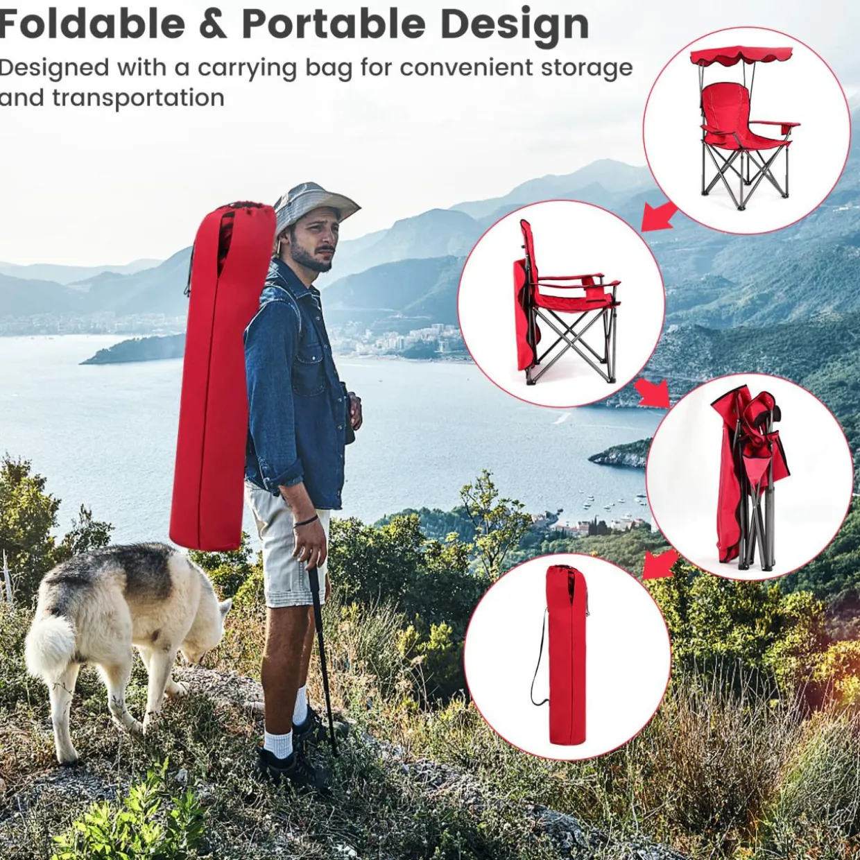Tangkula Folding Camping Chair, Lightweight Portable Camp Lawn Chair with Adjustable Shade Canopy