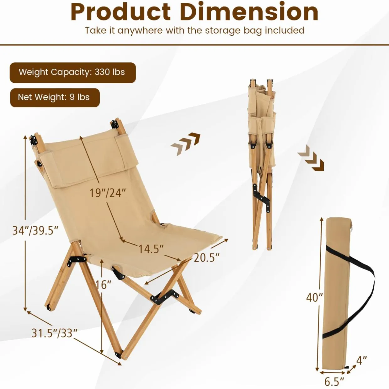 Tangkula Folding Camping Chair, High Back Portable Bamboo Camp Chair with 2-Level Adjustable Backrest