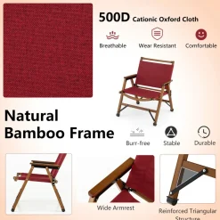 Tangkula Folding Camping Chair, Portable Low Back Beach Chair with Solid Bamboo Frame