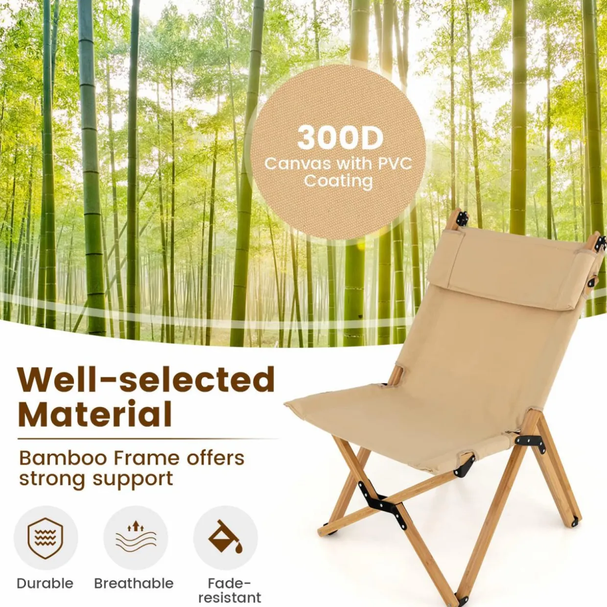 Tangkula Folding Camping Chair, High Back Portable Bamboo Camp Chair with 2-Level Adjustable Backrest