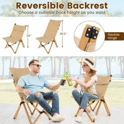 Tangkula Folding Camping Chair, High Back Portable Bamboo Camp Chair with 2-Level Adjustable Backrest