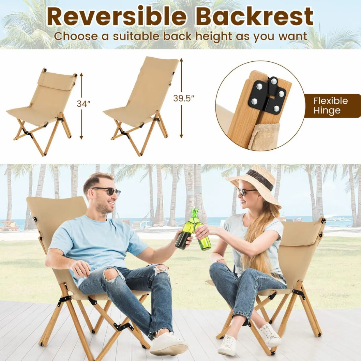 Tangkula Folding Camping Chair, High Back Portable Bamboo Camp Chair with 2-Level Adjustable Backrest