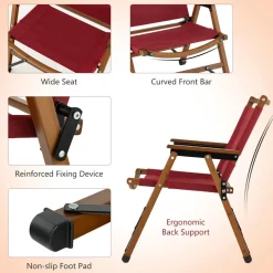 Tangkula Folding Camping Chair, Portable Low Back Beach Chair with Solid Bamboo Frame