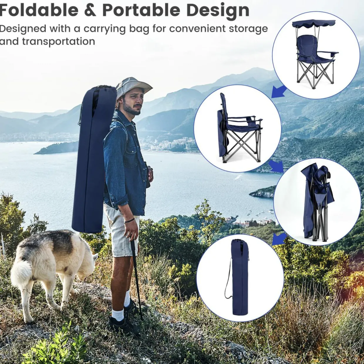 Tangkula Folding Camping Chair, Lightweight Portable Camp Lawn Chair with Adjustable Shade Canopy
