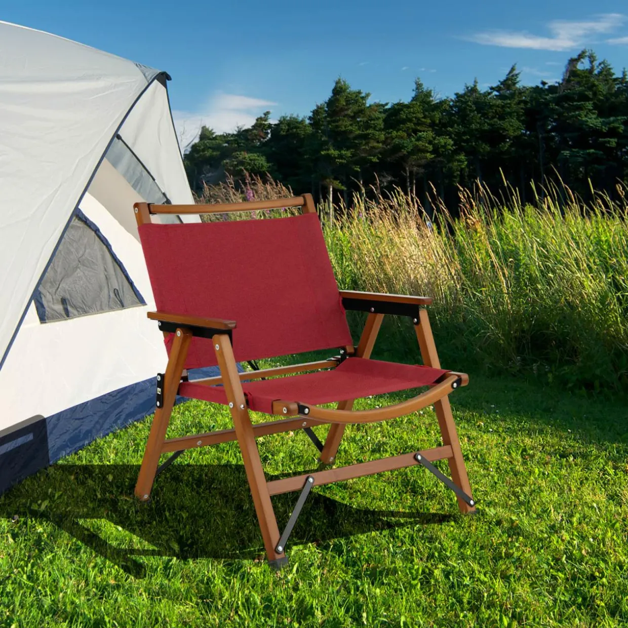 Tangkula Folding Camping Chair, Portable Low Back Beach Chair with Solid Bamboo Frame