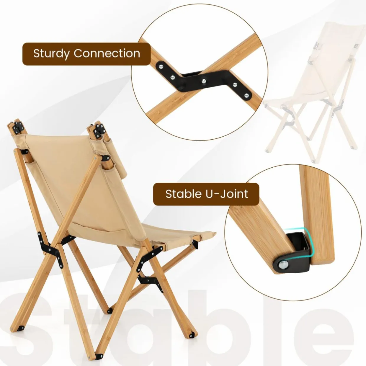 Tangkula Folding Camping Chair, High Back Portable Bamboo Camp Chair with 2-Level Adjustable Backrest