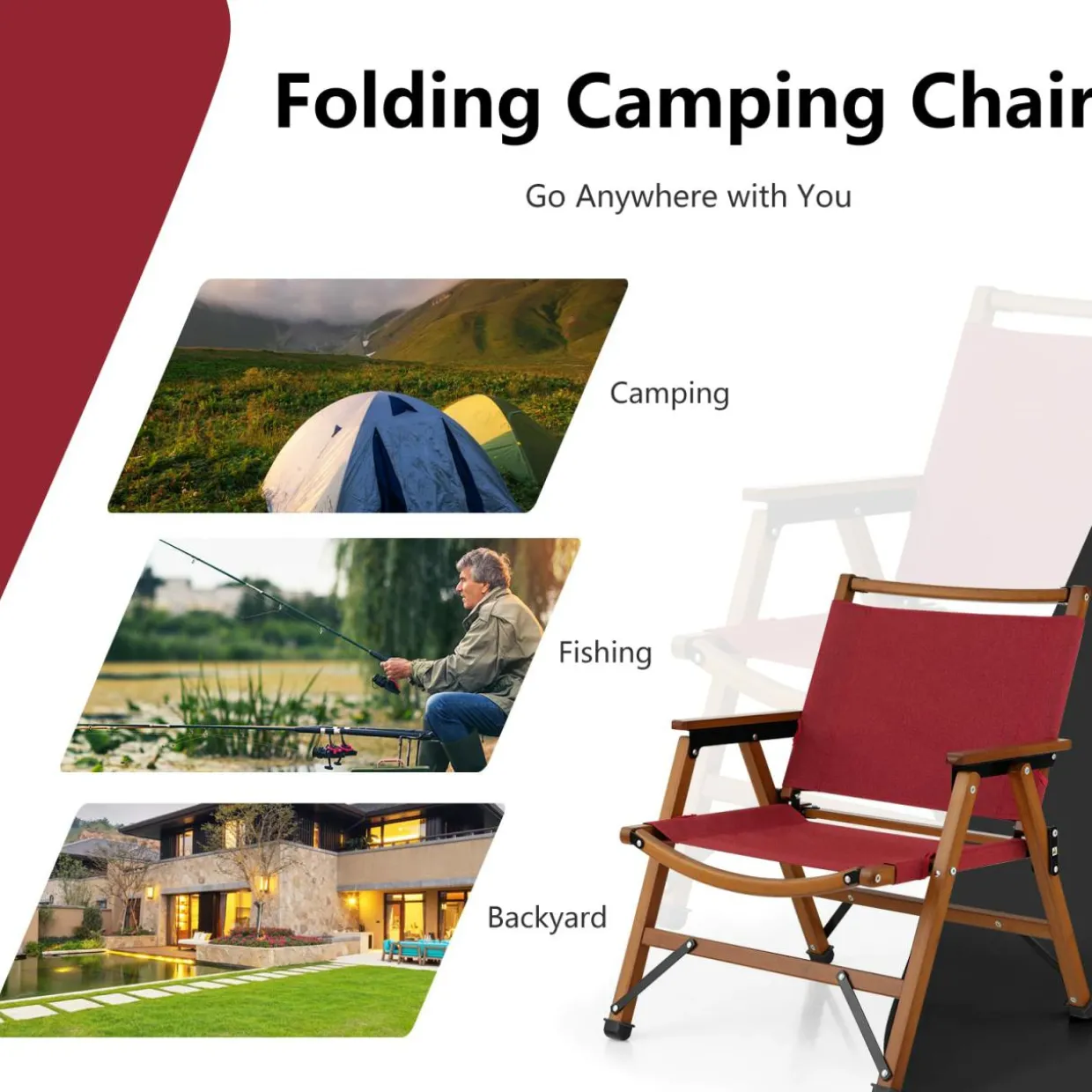 Tangkula Folding Camping Chair, Portable Low Back Beach Chair with Solid Bamboo Frame