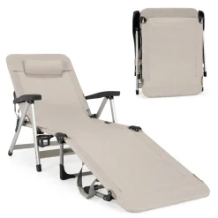 Tangkula Folding Chaise Lounge Chair, Adjustable 7-Position Recliner with Removable Headrest and Cup Holder