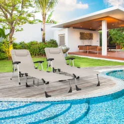 Tangkula Folding Chaise Lounge Chair, Adjustable 7-Position Recliner with Removable Headrest and Cup Holder