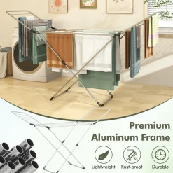 Tangkula Folding Clothes Drying Rack, Lightweight Aluminum Laundry Drying Rack w/Adjustable Wings