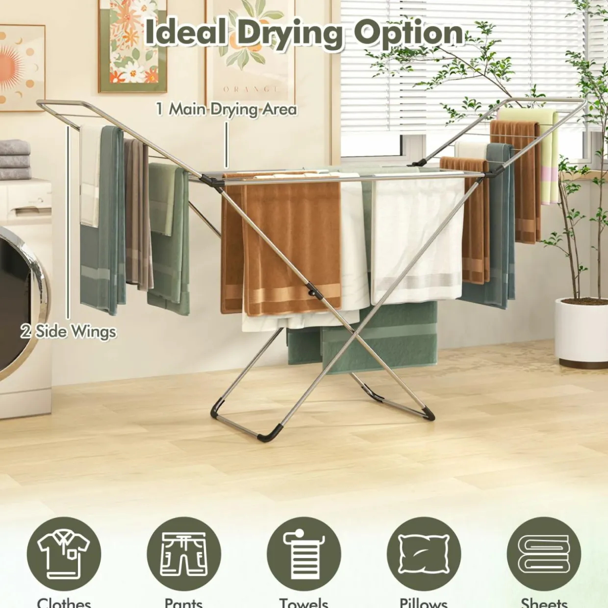 Tangkula Folding Clothes Drying Rack, Lightweight Aluminum Laundry Drying Rack w/Adjustable Wings
