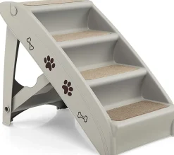 Tangkula Folding Dog Stairs for High Beds, 4 Steps Plastic Dog & Cat Steps with Non-Slip Felt Pad